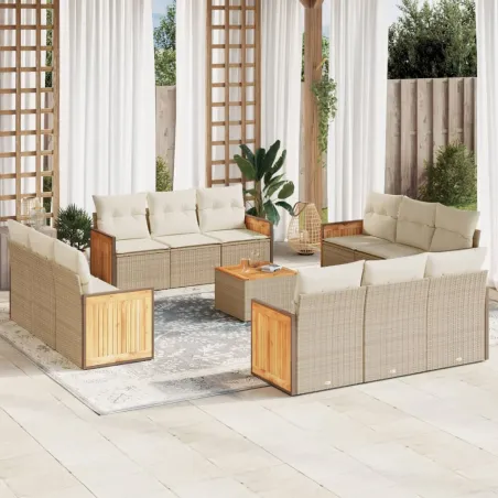 Salon de jardin avec coussins 13 pcs beige résine tressée