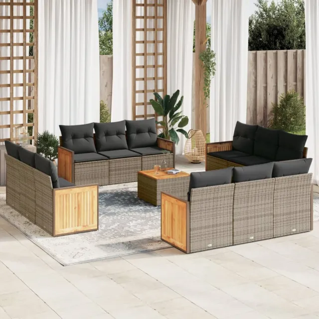 Salon de jardin avec coussins 13 pcs gris résine tressée
