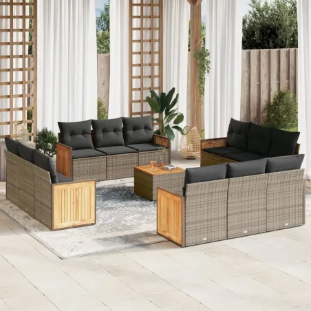 Salon de jardin avec coussins 13 pcs gris résine tressée