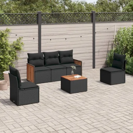 Salon de jardin 6 pcs avec coussins noir résine tressée