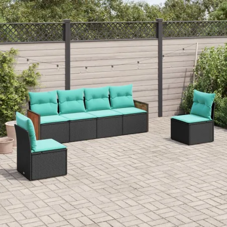 Salon de jardin 6 pcs avec coussins noir résine tressée