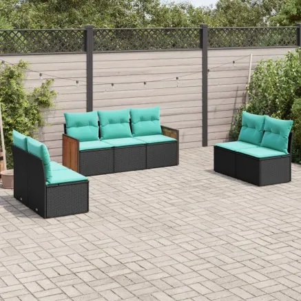 Salon de jardin 7 pcs avec coussins noir résine tressée