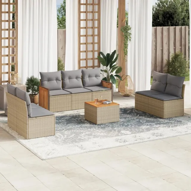 Salon de jardin avec coussins 8 pcs beige résine tressée