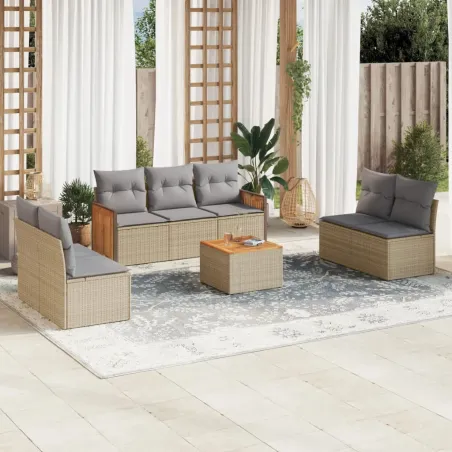 Salon de jardin avec coussins 8 pcs beige résine tressée