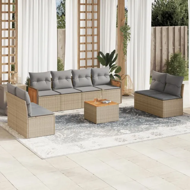 Salon de jardin avec coussins 9 pcs beige résine tressée