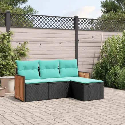 Salon de jardin 4 pcs avec coussins noir résine tressée
