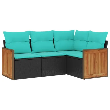 Salon de jardin 4 pcs avec coussins noir résine tressée