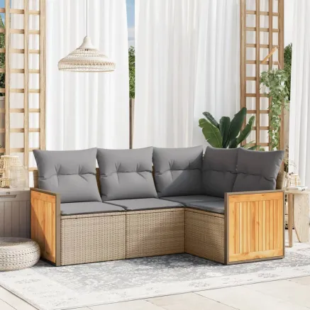 Salon de jardin avec coussins 4 pcs beige résine tressée