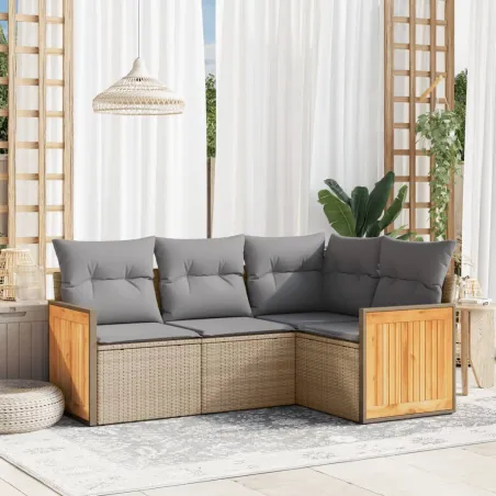 Salon de jardin avec coussins 4 pcs beige résine tressée