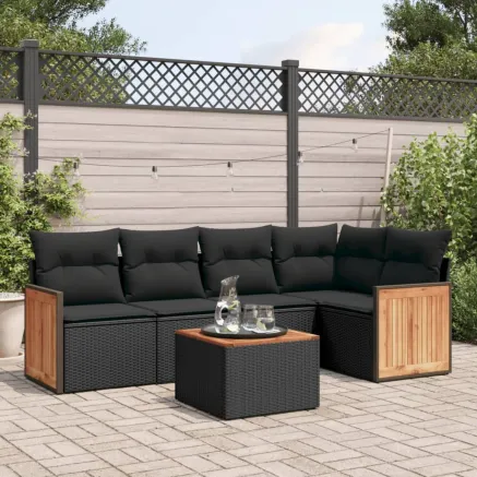Salon de jardin 6 pcs avec coussins noir résine tressée