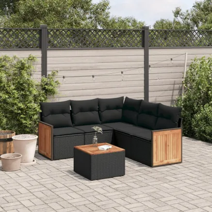 Salon de jardin 6 pcs avec coussins noir résine tressée