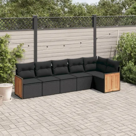 Salon de jardin 6 pcs avec coussins noir résine tressée