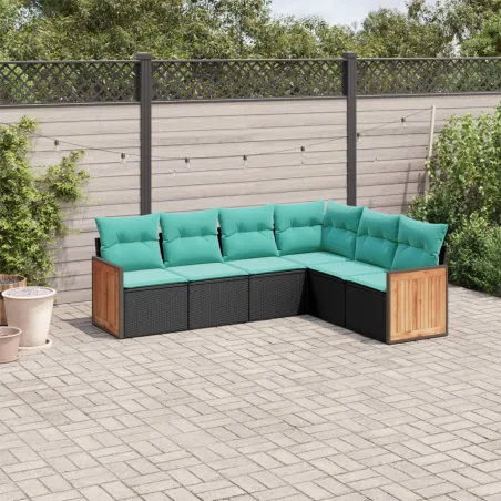 Salon de jardin 6 pcs avec coussins noir résine tressée