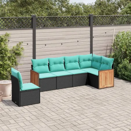 Salon de jardin 6 pcs avec coussins noir résine tressée