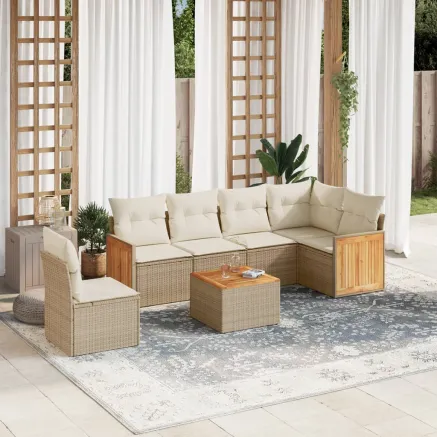 Salon de jardin avec coussins 7 pcs beige résine tressée
