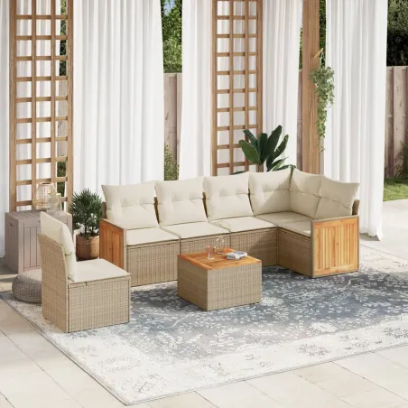 Salon de jardin avec coussins 7 pcs beige résine tressée