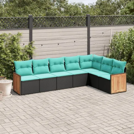 Salon de jardin 7 pcs avec coussins noir résine tressée