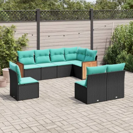 Salon de jardin 8 pcs avec coussins noir résine tressée