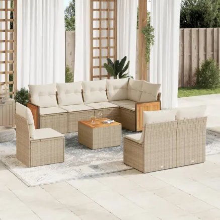 Salon de jardin avec coussins 9 pcs beige résine tressée