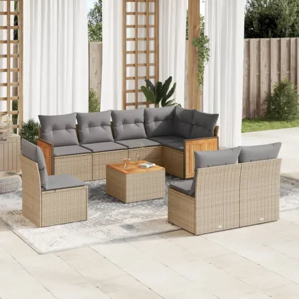 Salon de jardin avec coussins 9 pcs beige résine tressée