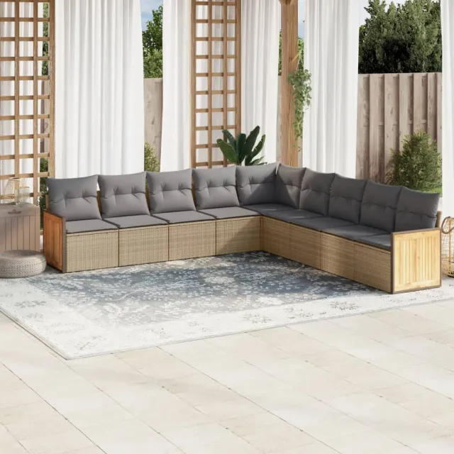 Salon de jardin avec coussins 9 pcs beige résine tressée