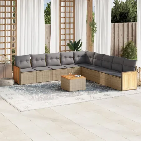 Salon de jardin avec coussins 10 pcs beige résine tressée