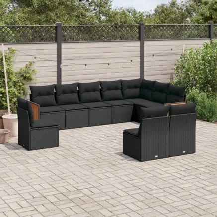 Salon de jardin 10 pcs avec coussins noir résine tressée