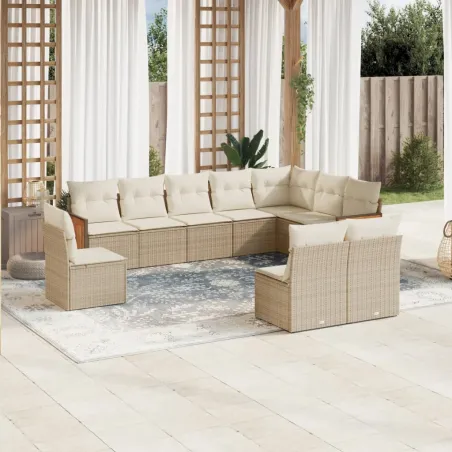Salon de jardin avec coussins 10 pcs beige résine tressée