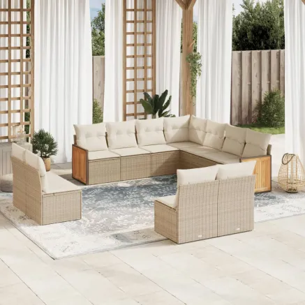 Salon de jardin 11 pcs avec coussins beige résine tressée