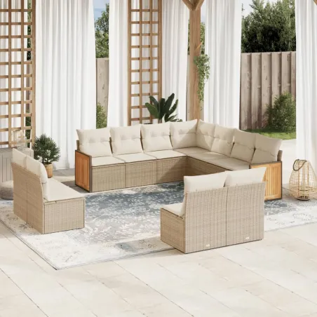 Salon de jardin 11 pcs avec coussins beige résine tressée