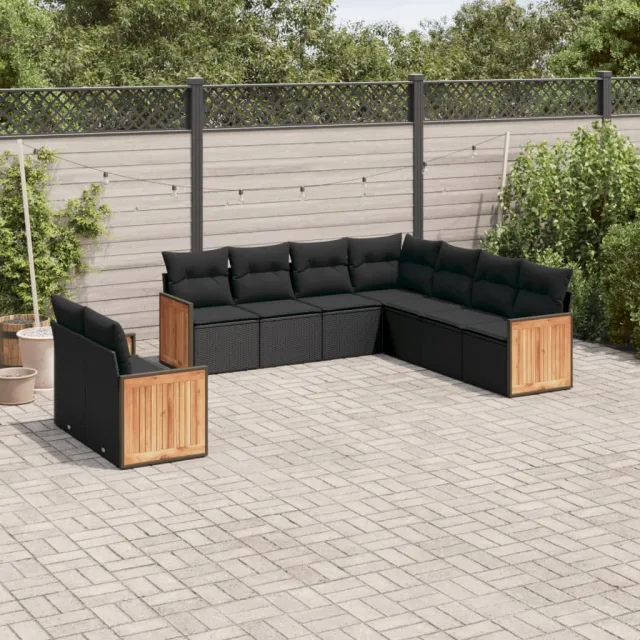 Salon de jardin 9 pcs avec coussins noir résine tressée