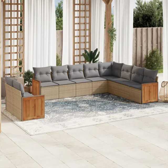 Salon de jardin avec coussins 10 pcs beige résine tressée