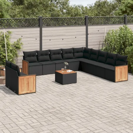 Salon de jardin 12 pcs avec coussins noir résine tressée