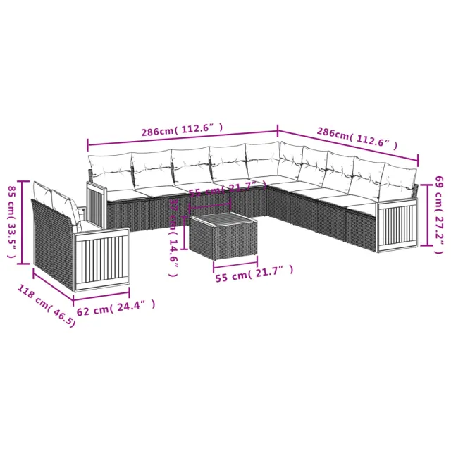 Salon de jardin avec coussins 12 pcs beige résine tressée