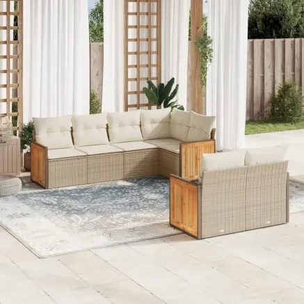Salon de jardin avec coussins 7 pcs beige résine tressée
