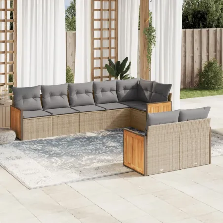 Salon de jardin avec coussins 8 pcs beige résine tressée