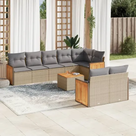 Salon de jardin avec coussins 9 pcs beige résine tressée