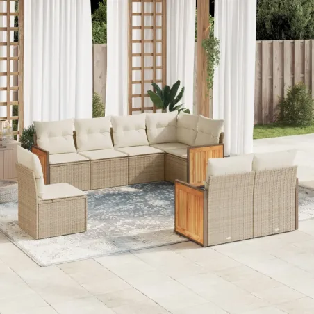 Salon de jardin avec coussins 8 pcs beige résine tressée