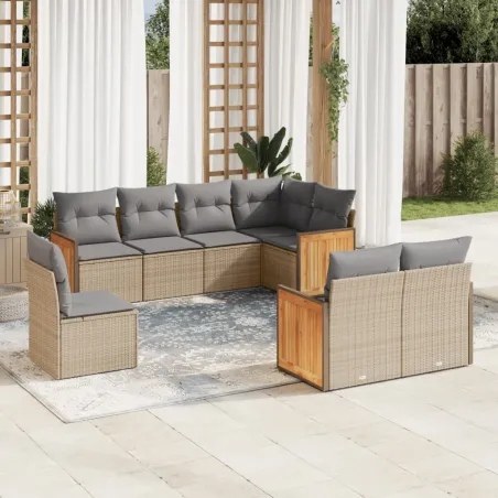 Salon de jardin avec coussins 8 pcs beige résine tressée