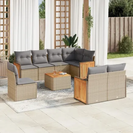 Salon de jardin avec coussins 9 pcs beige résine tressée