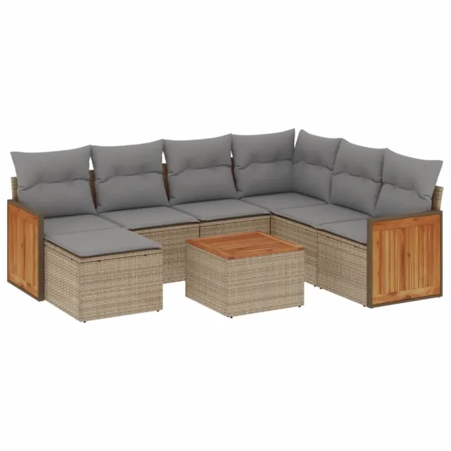 Salon de jardin avec coussins 8 pcs beige résine tressée