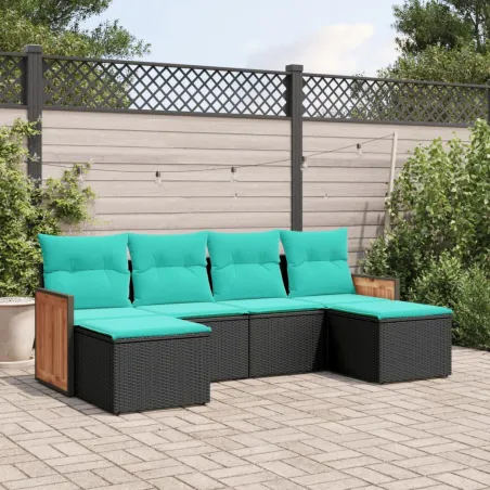 Salon de jardin 6 pcs avec coussins noir résine tressée