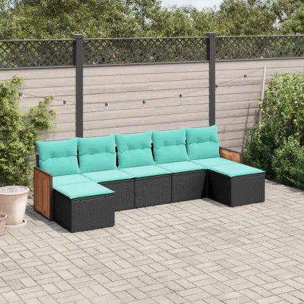 Salon de jardin 7 pcs avec coussins noir résine tressée
