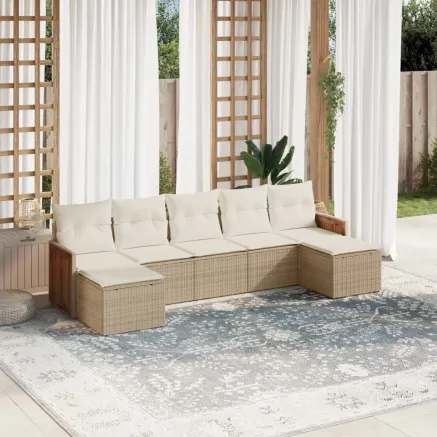 Salon de jardin avec coussins 7 pcs beige résine tressée
