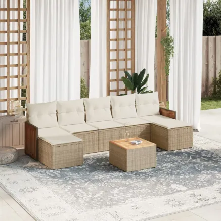 Salon de jardin avec coussins 8 pcs beige résine tressée
