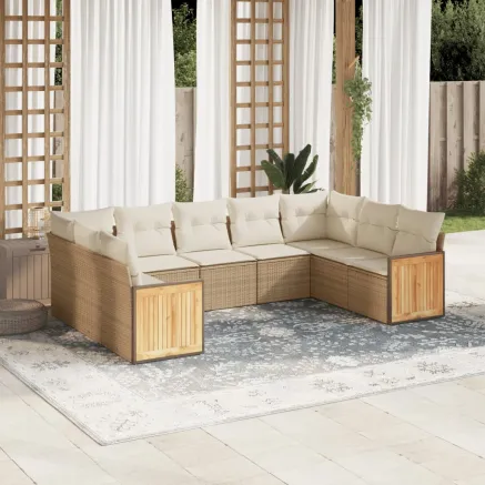 Salon de jardin avec coussins 8 pcs beige résine tressée