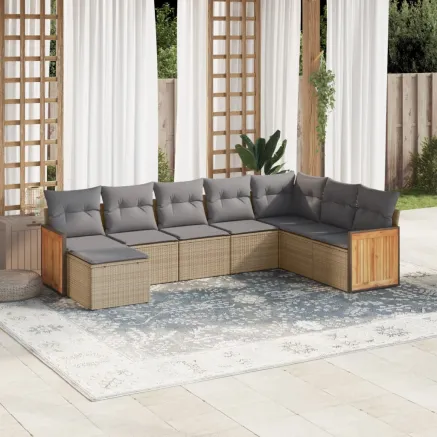 Salon de jardin avec coussins 8 pcs beige résine tressée