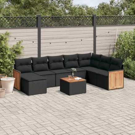 Salon de jardin 9 pcs avec coussins noir résine tressée