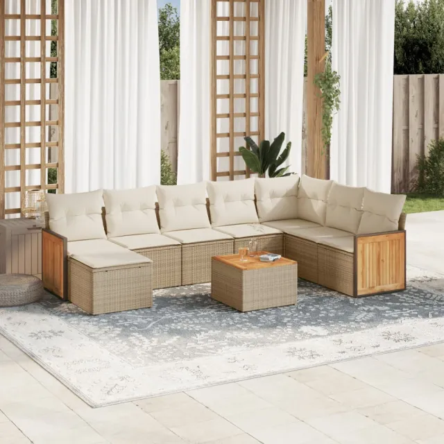 Salon de jardin avec coussins 9 pcs beige résine tressée