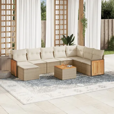 Salon de jardin avec coussins 9 pcs beige résine tressée